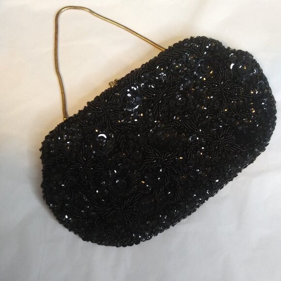 Vintage made in Hong Kong  black Beaded and Sequined clutch handbag kiss clasp - Picture 5 of 17
